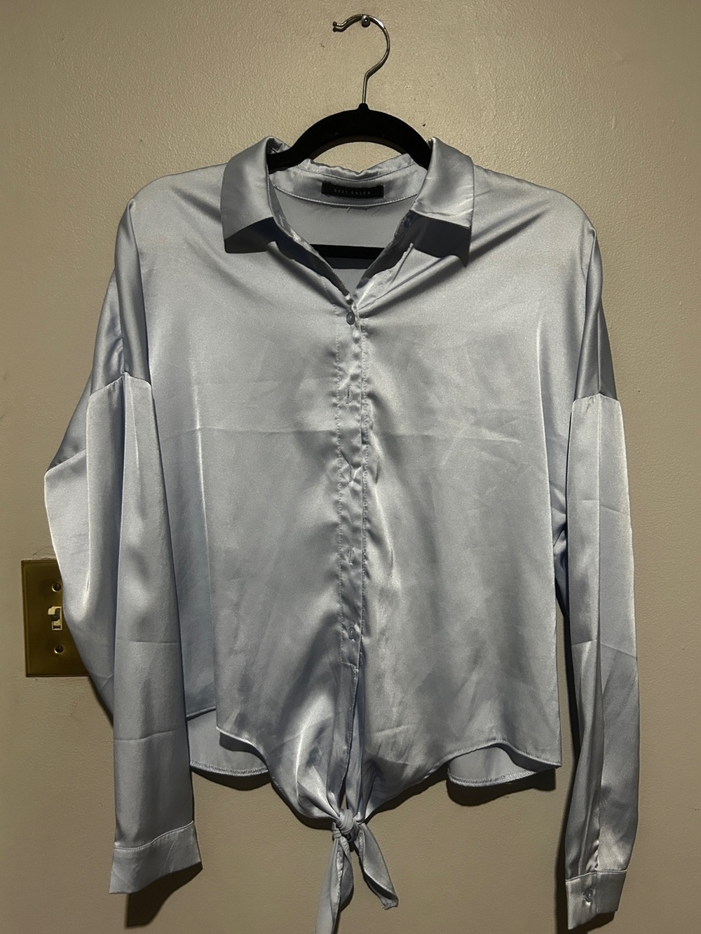 Suzy Shier Light Blue Satin Tie-Front Blouse
